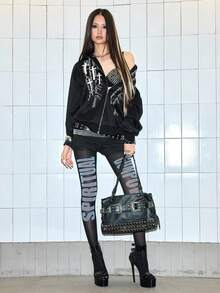 ROMWE Avant Loose Fit Sweatshirt With Slogan Cross Embroidery, Thermal Lined - Black - View 2