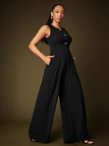 Vixey Solid Black Button Up Sleeveless Pleated Wide Leg Jumpsuit - Black - View 3