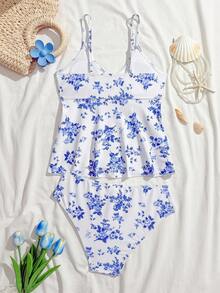 SHEIN Bộ đồ bơi tankini họa tiết hoa dành cho thiếu nữ, kiểu đan chéo. - Màu xanh lam - Xem 6