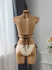 Bellisia Women's Summer Beach Halter Tie Ruffle Hem Backless Tankini And Triangle Bottoms Swimsuit Set - Beige - View 2