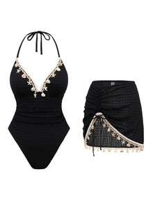 Swim Oasis Women Solid Color Triangle Bead Chain Spaghetti Strap One-Piece Swimsuit With Ruched Hem And Shell Chain Two Pieces Swimsuit