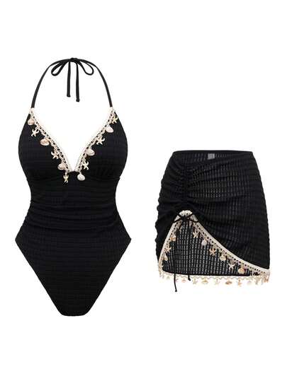 Swim Oasis Dam Enfärgad Triangelpärlkedja Spaghettiband Baddräkt med Rynkad Fåll och Snäckkedja Tvådelad Baddräkt