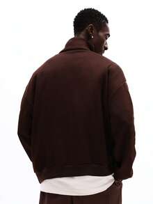 SUMWON 男士半拉链高领套头卫衣，宽松版型，休闲长袖，秋冬款，带刺绣Logo，纯色 - 棕色 - 查看 2