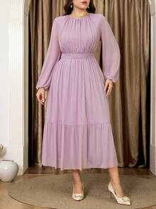 Veilorie Plus Size Women's Solid Color Round Neck Lantern Sleeve Shirred Waist Elegant Dress - Pink - View 7