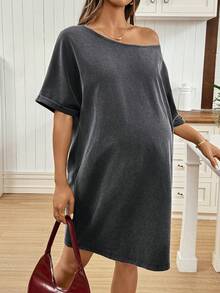 SHEIN 孕婦純色露肩休閒寬鬆日常穿著短袖洋裝 - 黑色 - 查看 6