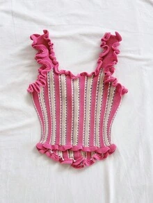 Soleia 女士浪漫休闲度假条纹荷叶边无袖针织上衣 - 粉色 - 查看 2