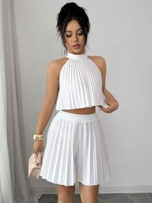 SHEIN Elenzya Bộ áo croptop và quần short không tay xếp ly dành cho nữ, phong cách tối giản, thích hợp cho kỳ nghỉ, đi làm, các dịp thường ngày hoặc trang trọng, mùa xuân/hè. - Màu be - Xem 6