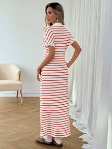 SHEIN LUNE 女士休闲条纹 Polo 领红色情人节连衣裙 - 彩色 - 查看 2