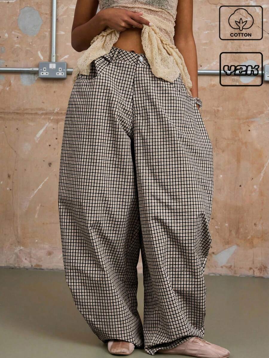 COUREZ Unisex Women Men Low Rise Baggy Barrell Fit Check Trousers Cotton - Coffee Brown - View 1