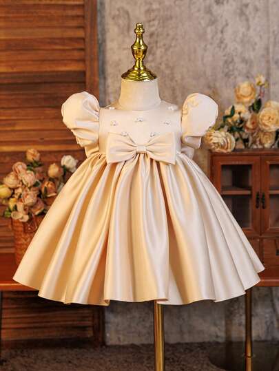 Glamorique Kids Infant Champagne Gold Satin Formal Dress, Puff Sleeve Short Sleeve High Waist Doll Dress With Bow Decor, Full Skirt, Elegant Children Princess Dress, Handmade Beaded Baby Birthday Party Wedding Guest Dress