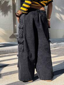 Muchica Quần cargo ống rộng cạp lệch, dáng rộng, chất liệu wash, thích hợp cho kỳ nghỉ hè, nghỉ xuân, lễ hội Carnival 2026, đi chơi, màu đen. - màu đen - Xem 2