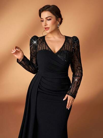 Serin Plus Size Elegant Luxurious Black Fringe Beaded Sequin Patchwork Elastic Knit Ruched Sheer Long Sleeve Mermaid Maxi Dress With Side Slit, Suitable For Wedding, Party, Vacation, Prom, Mother Of The Bride Dress