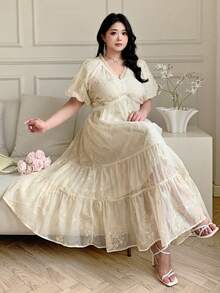 Dazy Plus Plus Size Valentine Elegant Contrast Lace Frill Trim Puff Sleeve Waist Cinched Dress, Flattering Fit For Vacation & Date Sundress - Apricot - View 5