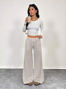 SHEIN PETITE Comfortable And Casual Plain Knitted Low-Rise Wide-Leg Women's Sweatpants - Multicolor - View 3