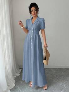 Elenzga Damen Einfarbiges Kleid mit Kragen, kurzen Puffärmeln und Knopfleiste, Lässig