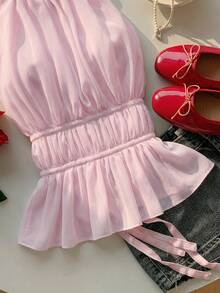 SHEIN EZwear Women's Pink Ruched Halter Backless Tie-Back Camisole, Valentine's Day Pink Camisole - Pink - View 5