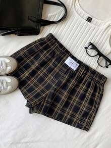 Comfortcana Quần short kẻ caro dáng rộng, cạp chun, đa năng cho mùa hè. - Màu vàng - Xem 6