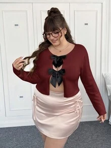 Comfortcana Plus Size Crew Neck Bow Contrast Color Casual Cardigan, Autumn/Winter