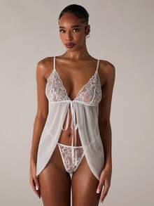 SHEIN BAE 2pcs Women's Sexy Lace Camisole Bra Set (Wireless, Thong) - White - View 4