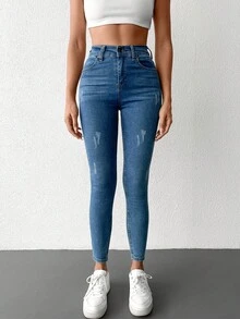 SHEIN 96% Cotton High Waist Ripped Skinny Jeans Tall - Blue - View 4