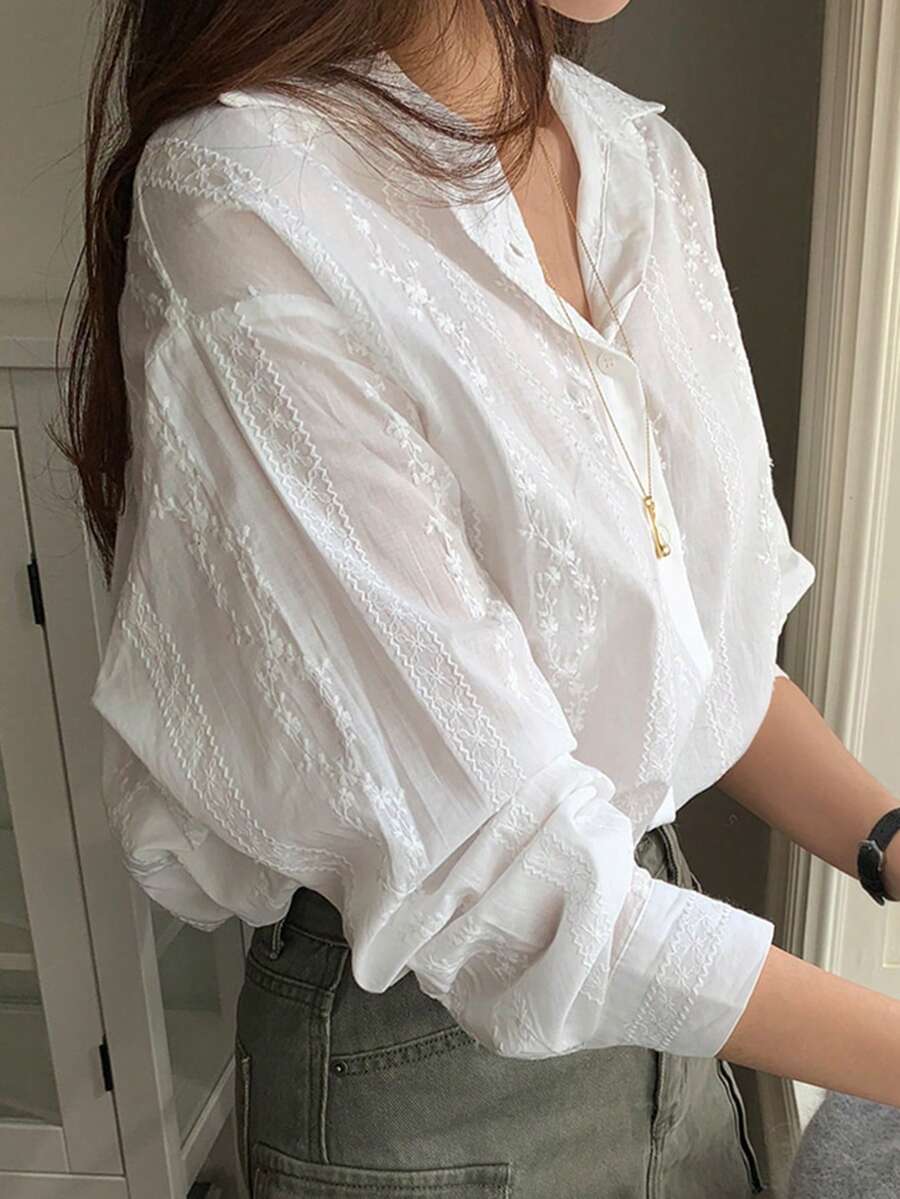 DAZY Lightweight Jacquard Long Sleeve Casual Blouse For Women, Spring - White - View 1