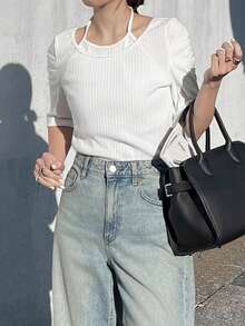 FRIFUL Women's 2 In 1 Camisole T-Shirt, Ribbed Texture Fabric, Fitted Petal Sleeve Short Sleeve T-Shirt - White - View 4