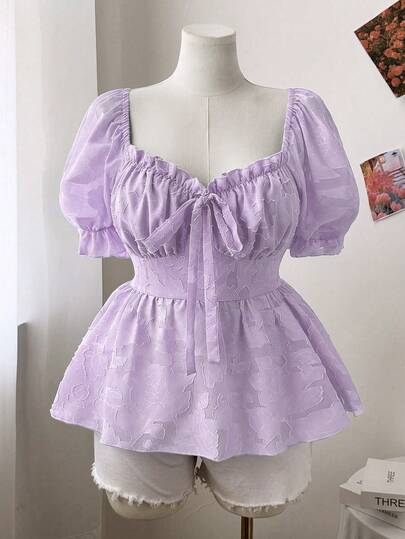 Sweetra Blusa elegante de tela texturizada con mangas abullonadas y lazo decorativo, estilo princesa dulce, ajuste delgado para verano