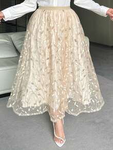 Sequin Embroidered Elastic Waist A-Line Loose Versatile Skirt, Suitable For Party And Banquet, Spring/Summer - Apricot - View 1