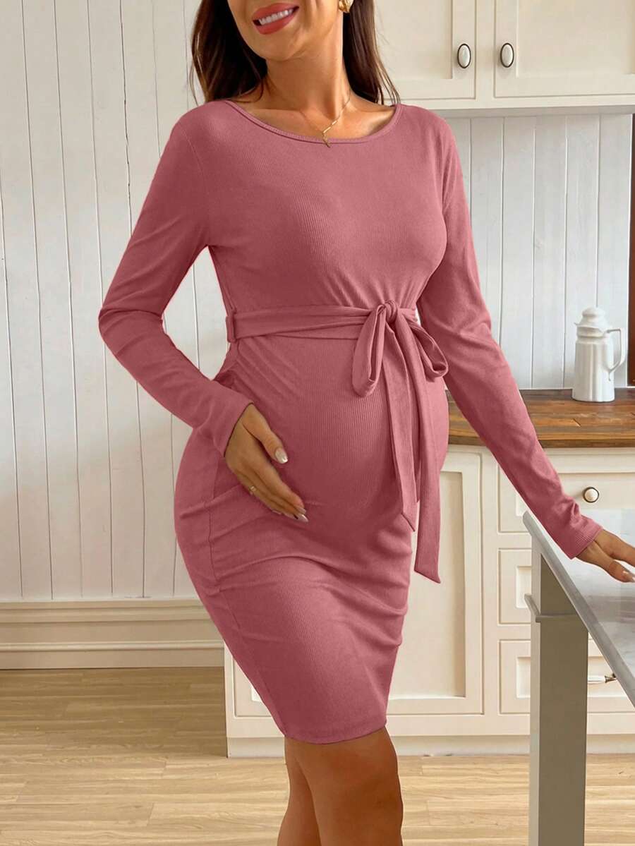 SHEIN Casual Everyday Versatile Long Sleeve Drawstring Loose Knit Elastic Black Midi Maternity Dress - Dusty Pink - View 1