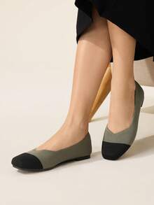 CUCCOO BASICS Women's New French Square Toe Versatile Commuting Minimalist Gray Contrast Knit Breathable Comfortable Flat Shoes - Green - View 11