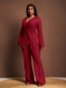 Veslaya 春夏加大码女装休闲/热带度假/公路旅行/城市短途旅行套装，纯色翻领系带喇叭袖开衫搭配松紧腰阔腿裤。 - 紅色 - 查看 3