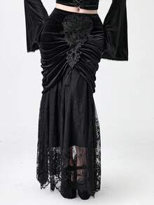 ROMWE EDITION Váy cỡ lớn dành cho nữ, kiểu dáng cổ điển Gothic lãng mạn, chất liệu nhung và ren tương phản. - màu đen - Xem 5