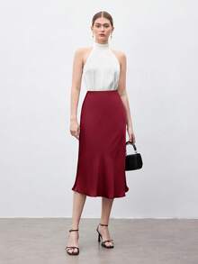 BizChic 新款酒红色缎面A字裙，优雅女士办公着装，春夏款 - 酒紅色 - 查看 4