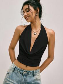 Easelle Black Knit Backless Halter Neck Camisole For Women, Suitable For Music Festivals, Spring/Summer Backless Shirts Backless Tops Open Back Tops Halter Neck Top - Black - View 8