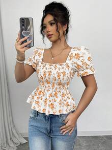 Elenzga Women's Floral Print Puff Sleeve Shirred Casual Blouse - Yellow - View 6