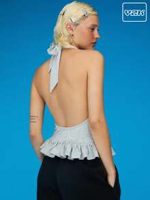COUREZ Zip Front Halter Neck Top With Frill Hem / Y2K Cute Summer Tops Vintage - Light Grey - View 1