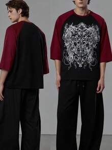 ROMWE MEN Goth Áo thun tay lỡ họa tiết chữ thập và cánh phong cách Punk đường phố thời trang thường ngày mùa hè cho nam - màu đen - Xem 6