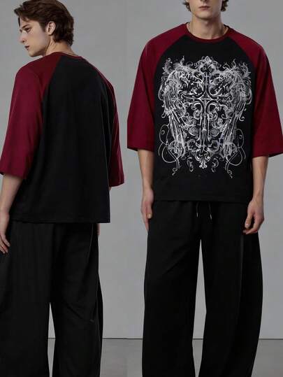 Goth Camiseta suelta de manga raglán con estampado de cruz y alas, estilo callejero punk de moda casual de verano para hombres