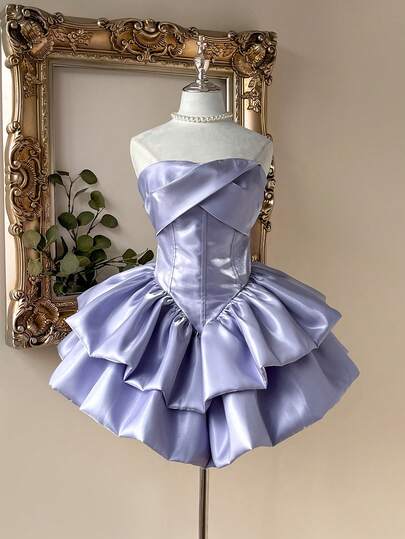 Lovelzi 奢华优雅高贵的白色缎面亮面无肩带收腰双层蛋糕裙，适合单身派对、婚礼、毕业典礼、度假、正式舞会等场合。