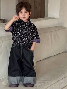 DAZY Young Boy Floral Print Lapel Single-Breasted Casual Versatile Daily Wear Short Sleeve Shirt Spring - Black - View 7