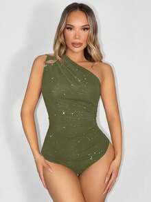 Zolique Solid Color Oblique Shoulder Fitted Sleeveless Bodysuit, Summer - Army Green - View 3