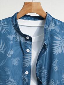 SHEIN Teen Boys' Summer Vibe Palm Tree Print Collared Short Sleeve Shirt, Casual, Comfortable, Fashionable, Versatile, Soft Fabric, Suitable For Daily Wear, School, Travel, Outdoor Activities, Music Festivals, Holidays, Beach Vacations, Summer Vibes, Festivals, Spring/Summer Summer Shirt Hawaii Shirt Beach Shirt - Blue - View 6
