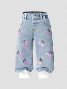 SHEIN 女宝宝可爱街头风新款休闲时尚刺绣樱桃可爱风格阔腿水洗牛仔裤 - 淺色水洗藍 - 查看 5