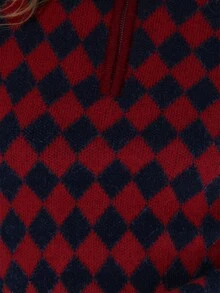 MUSERA Argyle Cross Knitted High Zip Neck Fitted Jumper Top Only Autumn Fall Winter Ski Vacation  Lounge Holidays Apres-Ski Aspen New Year Thanksgiving - Red - View 8
