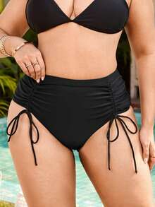 Swim Lushoire Plus Size Women's Solid Color Drawstring Sexy Vacation Party Bikini Bottom - Black - View 3