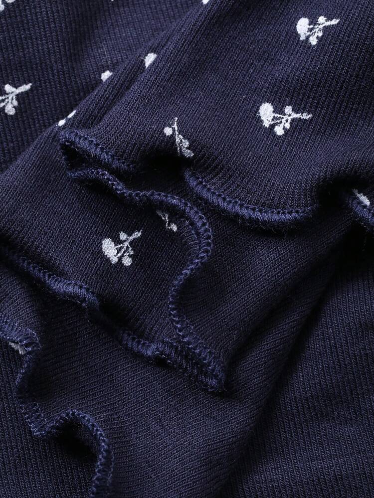 Sweet Contrast Color Bow Ruffle Ditsy Floral Fitted Women Sleepwear Top