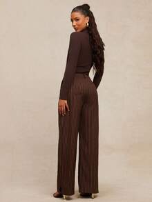 NYA SZN 女士条纹印花口袋优雅直筒裤，适合通勤 - 藍色 - 查看 3