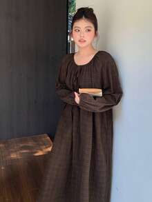 Dazy Plus 时尚格子圆领系带喇叭袖宽松A字长款睡裙 - 棕色 - 查看 7