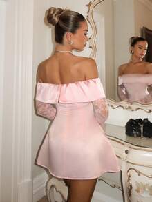 Glamine Charm 女士优雅露肩蕾丝拼接迷你连衣裙，适合生日派对、返校、毕业舞会、姐妹聚会、下午茶等场合。 - 粉色 - 查看 2