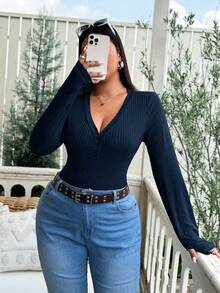 Vionelle Plus Size V-Neck Long Sleeve Button-Down Bodysuit - Navy Blue - View 7